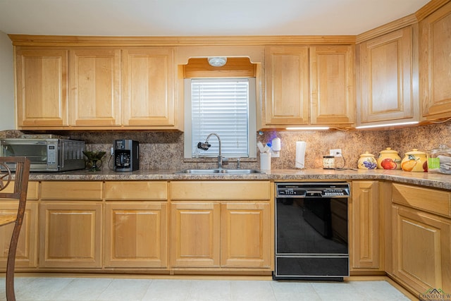 kitchen featuring decorative backsplash, sink, and black dishwasher