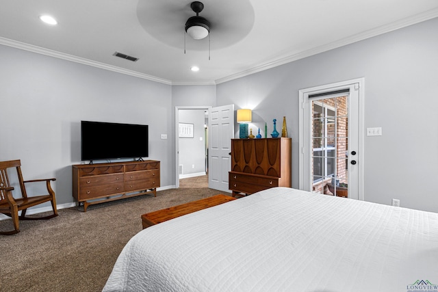 215 Sugar Creek Ln, Longview, TX 75605 - bedroom with crown molding, dark carpet, baseboards, recessed lighting, and access to outside