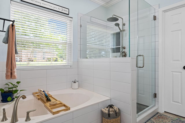 215 Sugar Creek Ln, Longview, TX 75605 - bathroom with a stall shower, a garden tub, crown molding, and tile patterned flooring