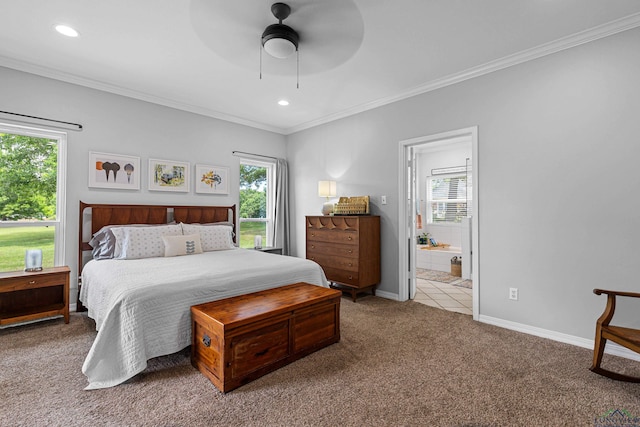 215 Sugar Creek Ln, Longview, TX 75605 - bedroom with carpet flooring, ornamental molding, recessed lighting, baseboards, and connected bathroom
