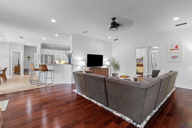215 Sugar Creek Ln, Longview, TX 75605 - living room with ornamental molding, hardwood / wood-style floors, a ceiling fan, recessed lighting, and baseboards