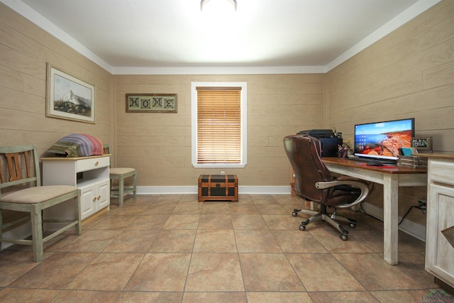 home office with light tile patterned floors, wood walls, and baseboards
