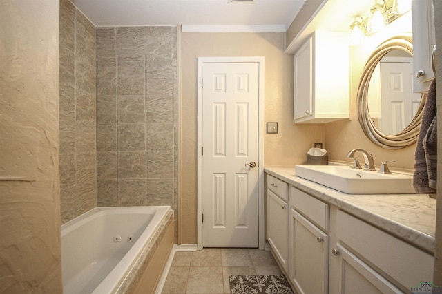 bathroom with ornamental molding, vanity, tile patterned flooring, and a combined bath / shower with jetted tub