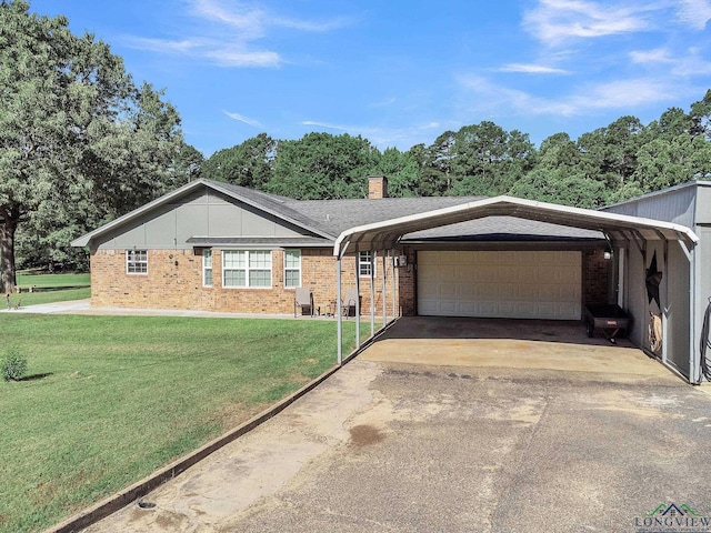 ranch-style house with a carport, a front lawn, and brick siding