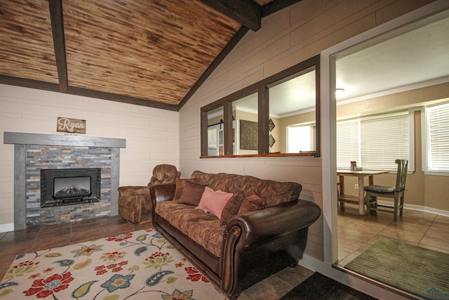 tiled living room with wooden ceiling, a fireplace, and baseboards