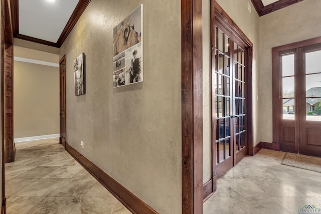 hallway featuring ornamental molding