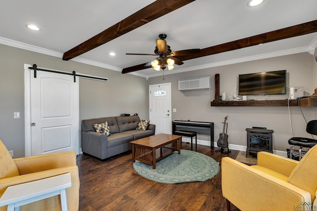 living room with a wall mounted AC, a barn door, ceiling fan, dark hardwood / wood-style flooring, and crown molding