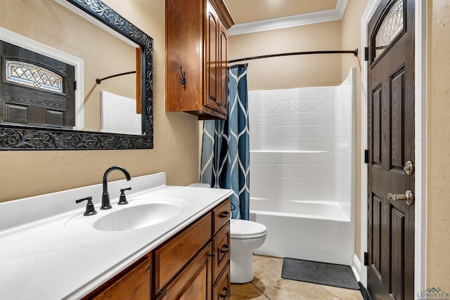 full bathroom featuring toilet, shower / bath combo, tile patterned flooring, crown molding, and vanity