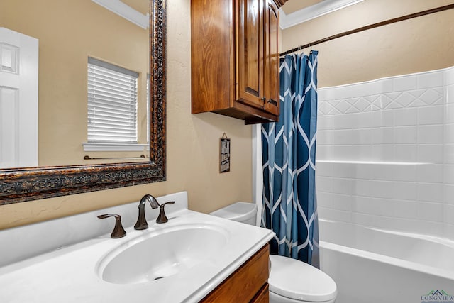 full bathroom with toilet, vanity, crown molding, and shower / tub combo