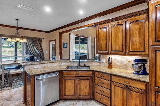 kitchen featuring stainless steel dishwasher, decorative backsplash, sink, plenty of natural light, and light stone counters