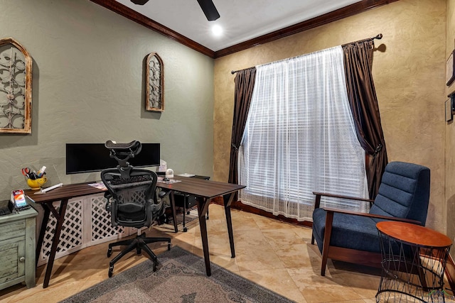 home office with ceiling fan and ornamental molding