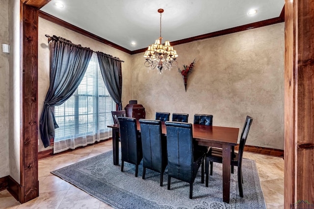 dining space with a chandelier and ornamental molding