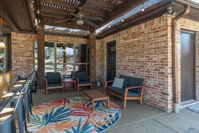 view of patio / terrace with ceiling fan, an outdoor hangout area, and a pergola