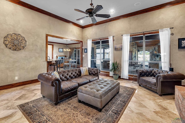 living room with crown molding and ceiling fan with notable chandelier