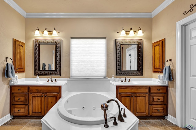 bathroom featuring ornamental molding, a tub to relax in, and vanity