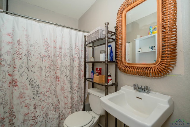 bathroom featuring curtained shower, toilet, and a sink