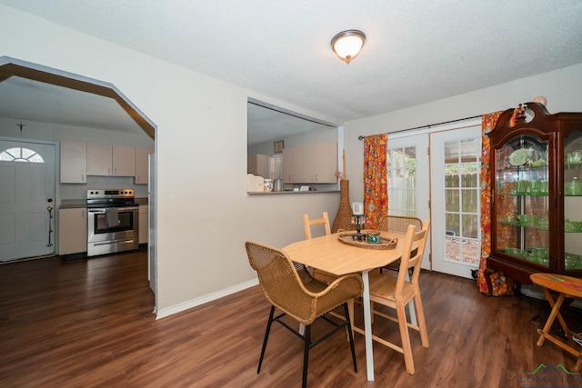 dining room featuring baseboards, dark wood-style flooring, and a textured ceiling