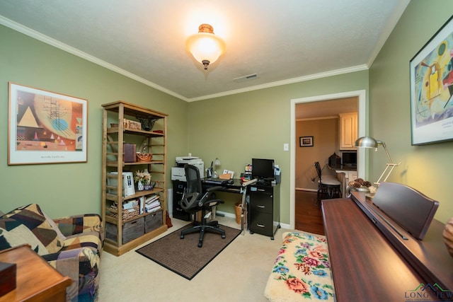 office area featuring crown molding