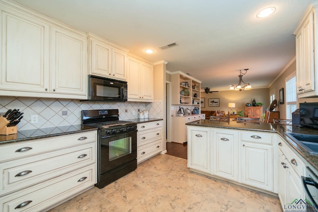 kitchen featuring black appliances, decorative backsplash, dark stone countertops, decorative light fixtures, and kitchen peninsula