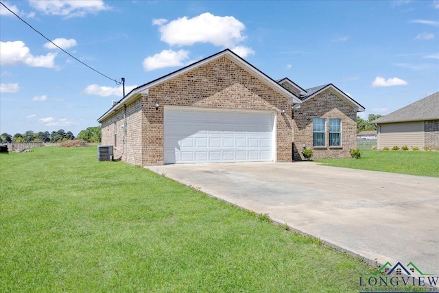 ranch-style home featuring brick siding, an attached garage, driveway, and central AC