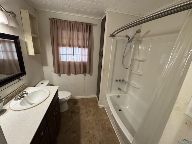 full bathroom featuring shower / bath combination, vanity, ornamental molding, and toilet