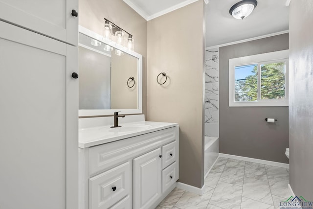 bathroom with washtub / shower combination, ornamental molding, and vanity