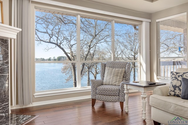 living area with a water view and wood-type flooring