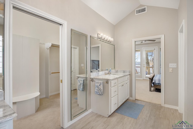 bathroom with vaulted ceiling, wood-type flooring, and vanity