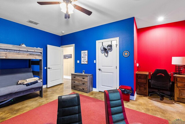 bedroom featuring ceiling fan and light colored carpet