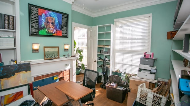 office featuring hardwood / wood-style flooring, ornamental molding, and plenty of natural light