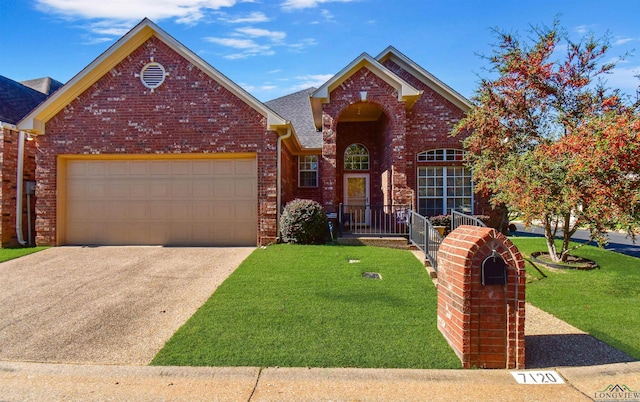 view of property with a garage and a front lawn