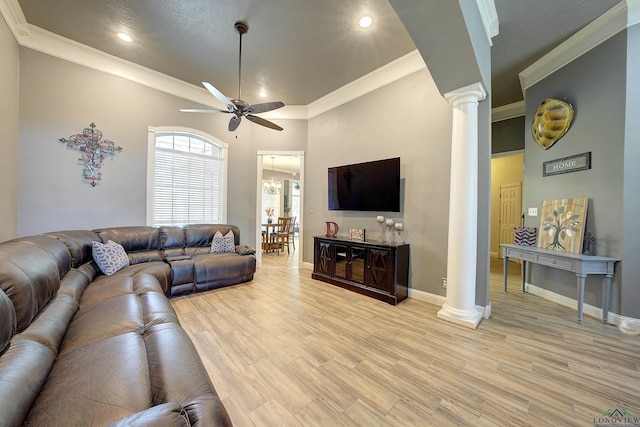 36 Briarwood Cir, Texarkana, TX 75503 - living room with ornate columns, a ceiling fan, light wood finished floors, ornamental molding, and recessed lighting