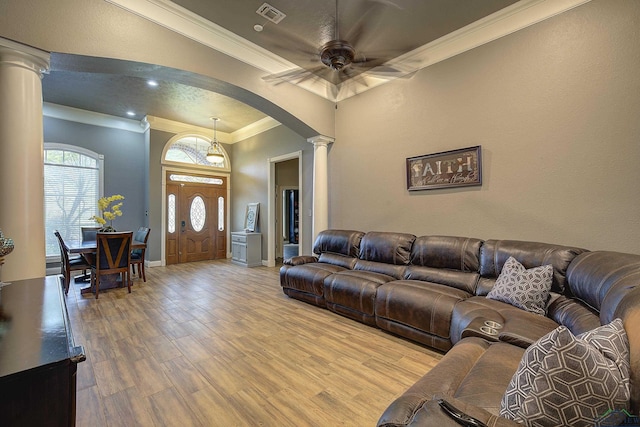 36 Briarwood Cir, Texarkana, TX 75503 - living room featuring ornate columns, arched walkways, a ceiling fan, ornamental molding, and wood finished floors