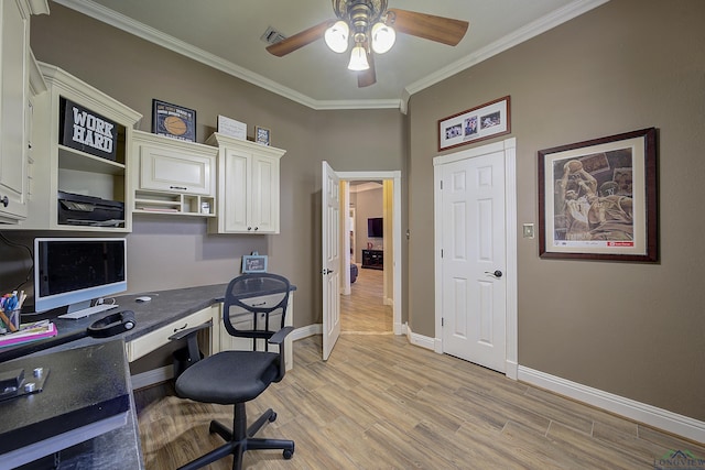 36 Briarwood Cir, Texarkana, TX 75503 - office area with a ceiling fan, crown molding, light wood-style flooring, and baseboards