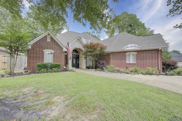 36 Briarwood Cir, Texarkana, TX 75503 - view of front of home featuring stone siding, a chimney, roof with shingles, and brick siding
