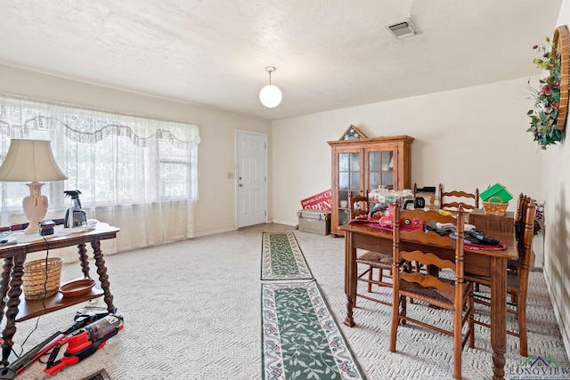 carpeted dining space featuring a textured ceiling