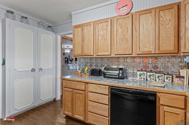 kitchen featuring light brown cabinetry, backsplash, dark hardwood / wood-style floors, and black dishwasher