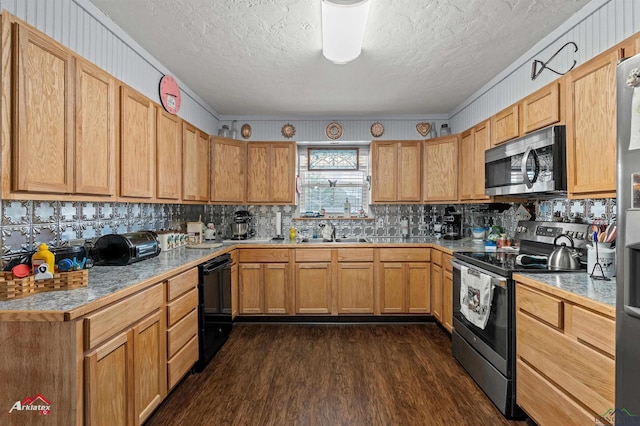 kitchen with sink, tasteful backsplash, a textured ceiling, appliances with stainless steel finishes, and dark hardwood / wood-style flooring