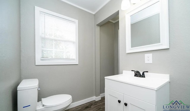 bathroom featuring toilet, vanity, and hardwood / wood-style flooring