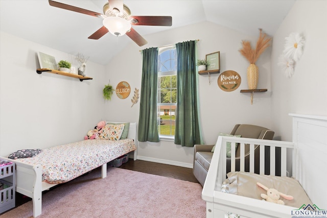 908 Victoria Dr, Longview, TX 75604 - bedroom featuring carpet flooring, ceiling fan, baseboards, and lofted ceiling
