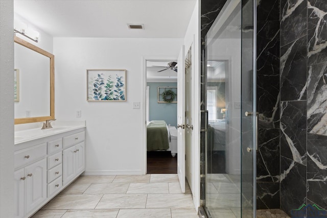 908 Victoria Dr, Longview, TX 75604 - ensuite bathroom with visible vents, a marble finish shower, ensuite bathroom, and ceiling fan