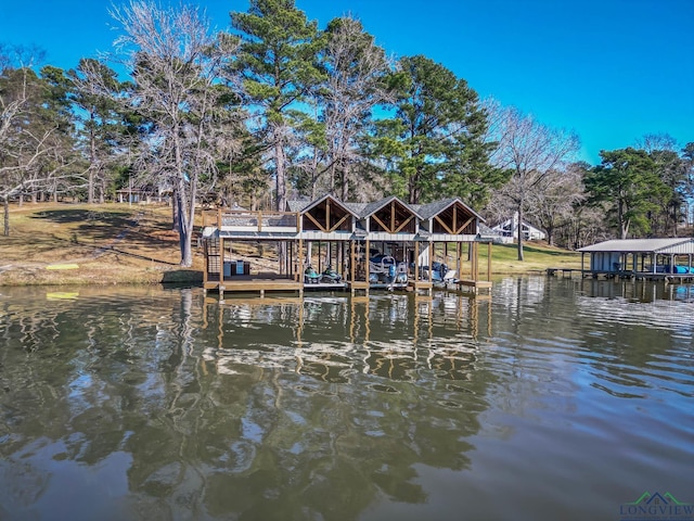 view of dock with a water view