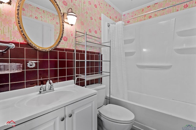 bathroom featuring a wainscoted wall, tile walls, toilet, shower / tub combo, and wallpapered walls