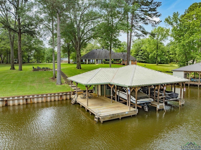 23196 Jeb Cir, Frankston, TX 75763 - dock area with boat lift, a water view, view of wooded area, and a yard