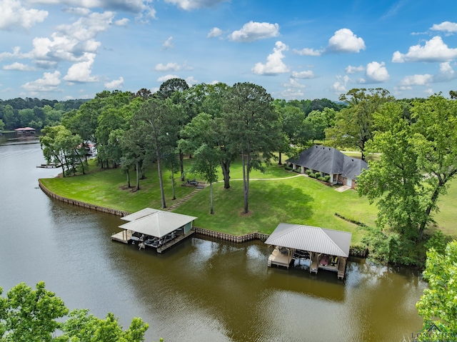 23196 Jeb Cir, Frankston, TX 75763 - dock area with boat lift, a water view, and a yard