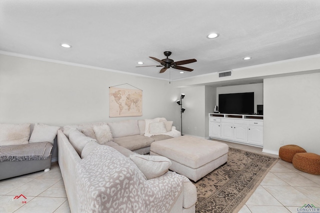 living room featuring light tile patterned floors, ceiling fan, and ornamental molding