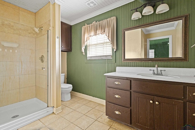 2707 Dudley Rd, Kilgore, TX 75662 - bathroom featuring ornamental molding, vanity, a stall shower, and tile patterned flooring
