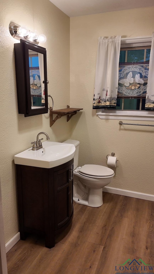 bathroom with hardwood / wood-style floors, vanity, and toilet