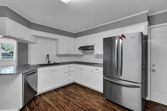 kitchen featuring dark stone counters, a sink, appliances with stainless steel finishes, under cabinet range hood, and dark wood-style floors