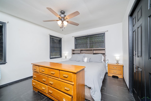 bedroom with ceiling fan, a closet, and a textured ceiling